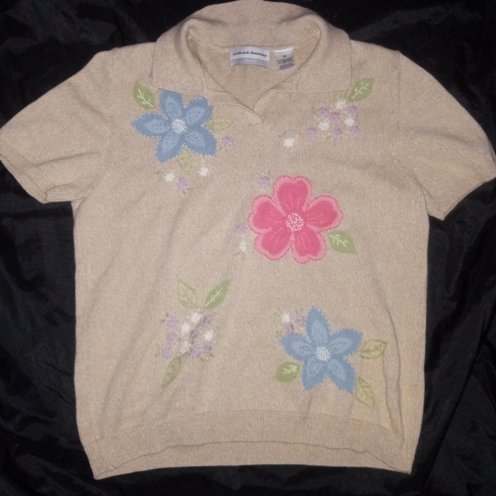 Alfred Dunner Flower Embroidered Heavy T-Shirt with Reflective Beading Design